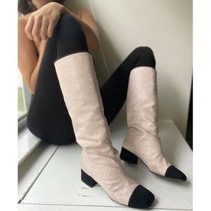 CHANEL CC Logo Glitter Cap Toe Tall Boots Pink/Black w/Dust Bag